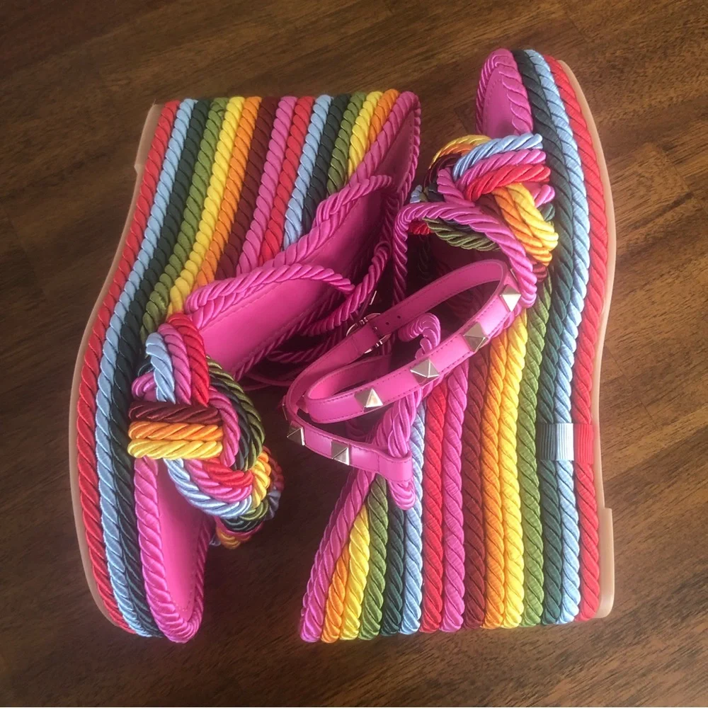 NIB $890 VALENTINO Rockstud Torchon Rainbow Platform Wedge Sandal - size 11 / 41